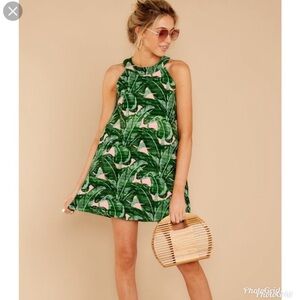 Judith March Lady of Summer palm print mini dress high neck green and pink large